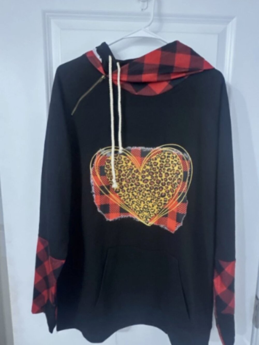 Women's Buffalo Plaid Leopard Heart Hoodie
